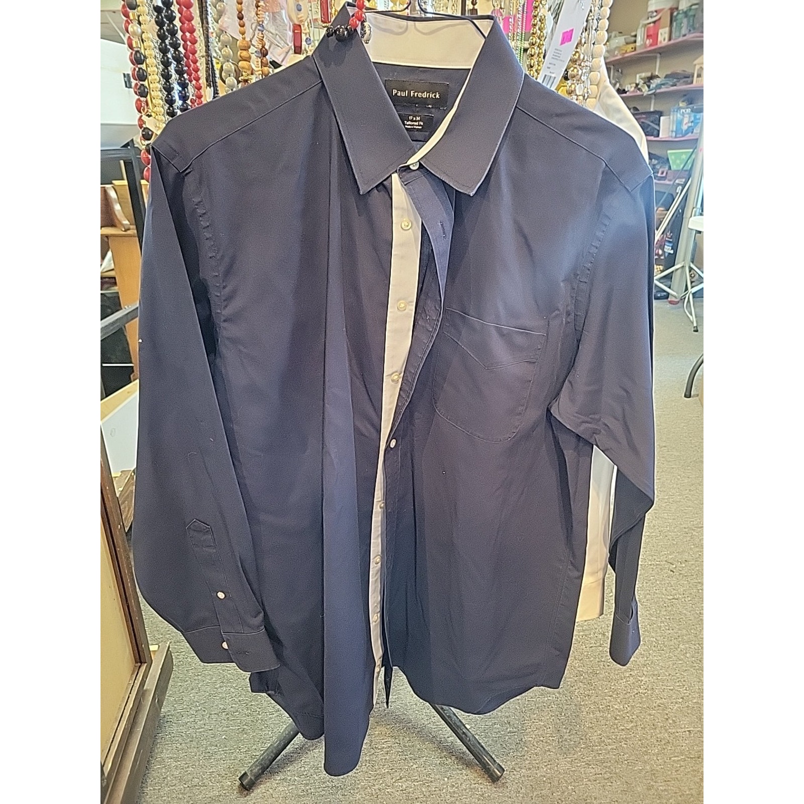 Paul Fredrick 17 X 34 Tailored Fit Navy Dress Shirt Collar Long Sleeve Button